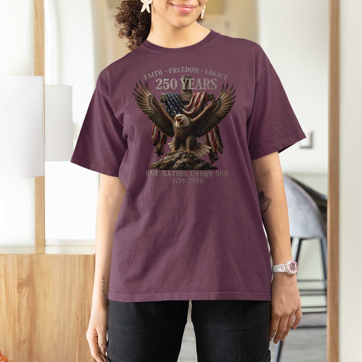 Eagle 250th Anniversary USA T Shirt For Women 250 Years Faith Freedom Legacy One Nation Under God Flag