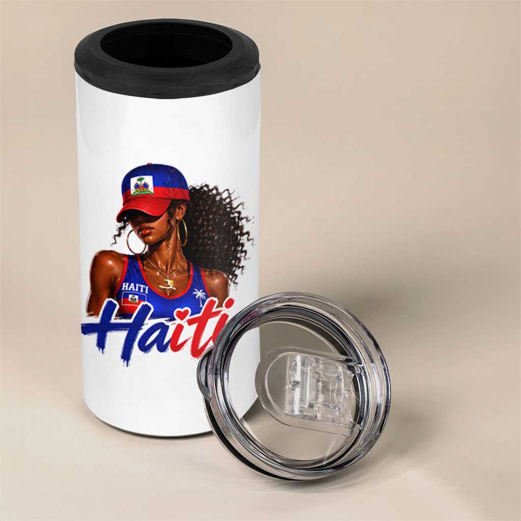Haitian Girl 4 in 1 Can Cooler Tumbler Melanin Black Girls Haiti Flag Proud Haitienne