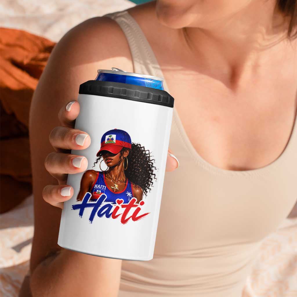 Haitian Girl 4 in 1 Can Cooler Tumbler Melanin Black Girls Haiti Flag Proud Haitienne
