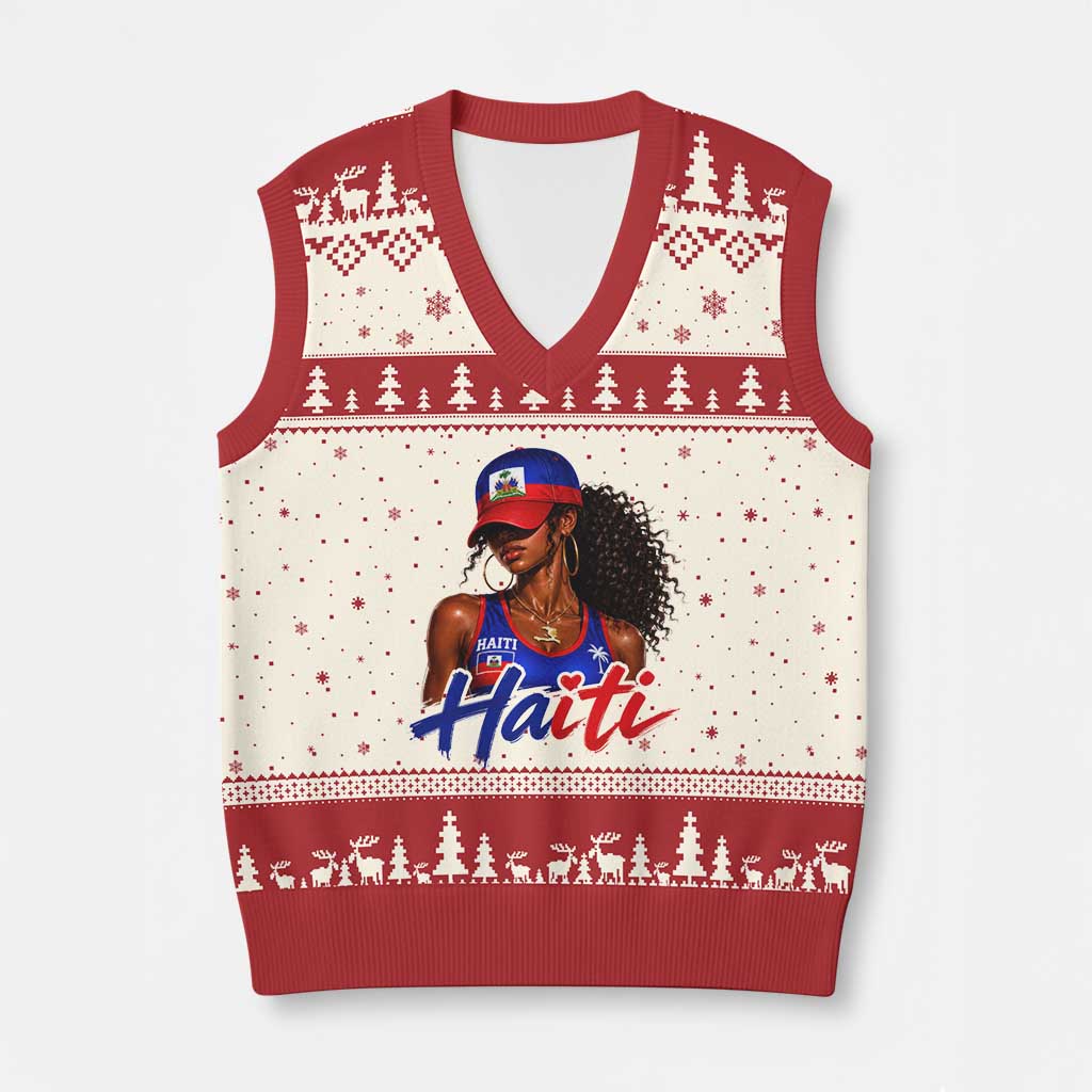 Haitian Girl V-Neck Knit Sweater Vest Melanin Black Girls Haiti Flag Proud Haitienne