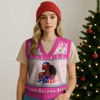 Haitian Girl V-Neck Knit Sweater Vest Melanin Black Girls Haiti Flag Proud Haitienne
