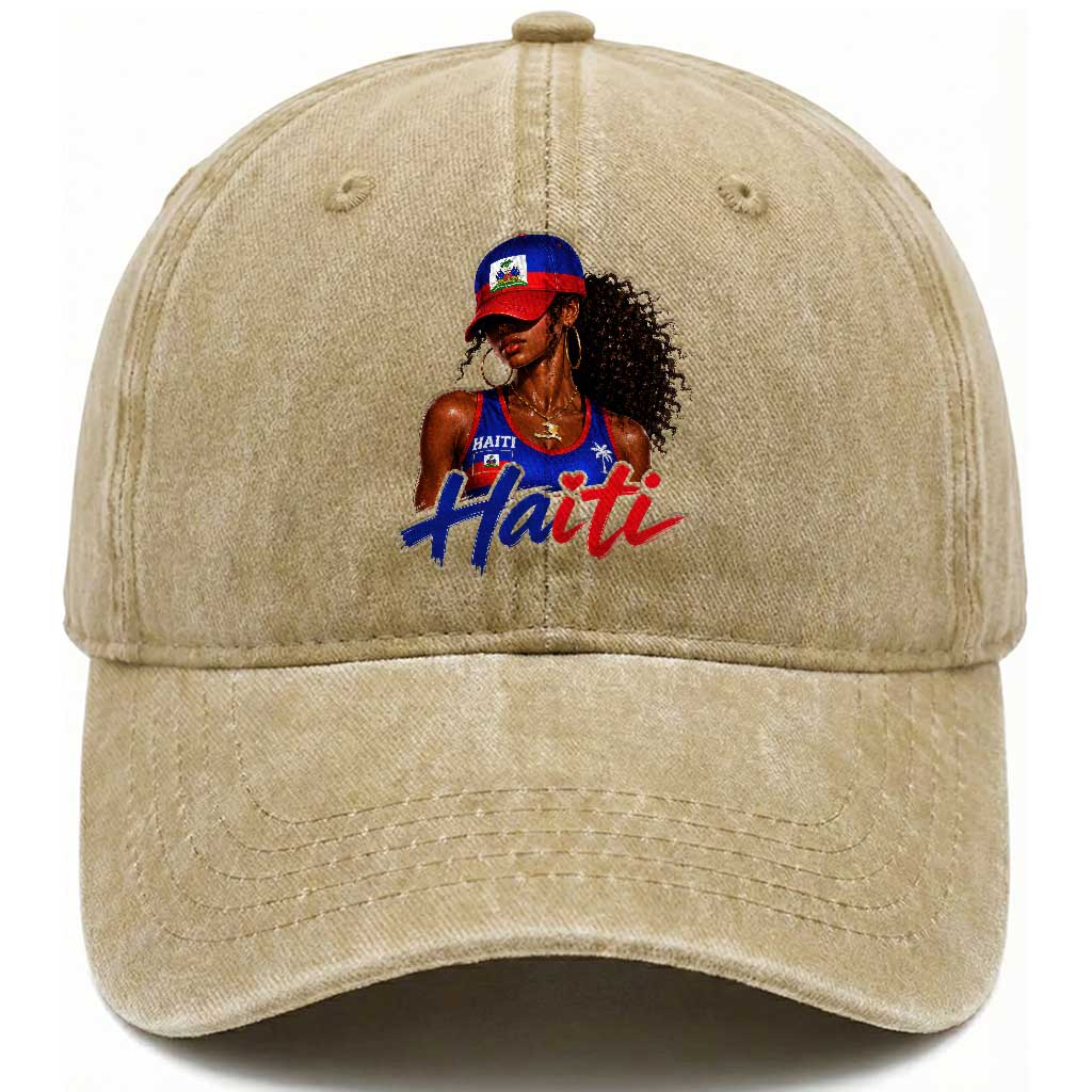 Haitian Girl Washed Cotton Baseball Cap Melanin Black Girls Haiti Flag Proud Haitienne