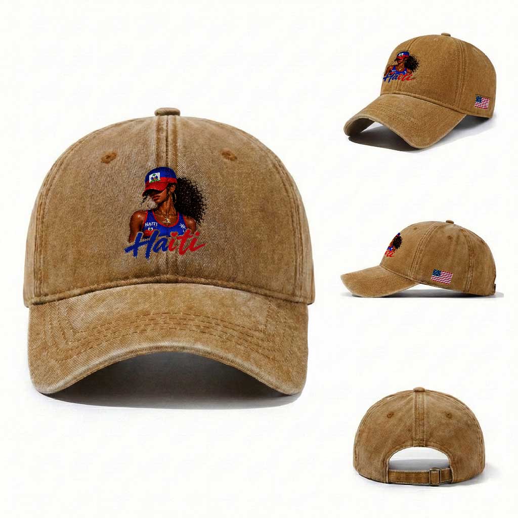 Haitian Girl Washed Cotton Baseball Cap Melanin Black Girls Haiti Flag Proud Haitienne