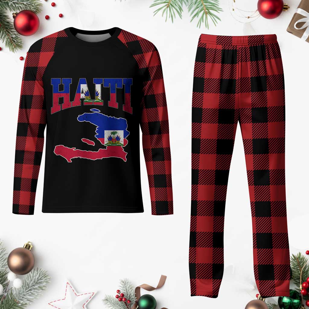 Haiti Pride Plaid Pajama Set Retro Vintage Haitian Flag Map Pride Graphic