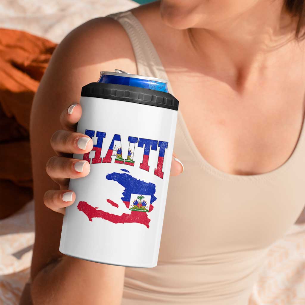 Haiti Pride 4 in 1 Can Cooler Tumbler Retro Vintage Haitian Flag Map Pride Graphic