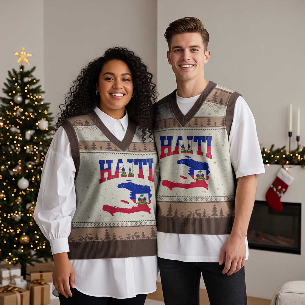 Haiti Pride V-Neck Knit Sweater Vest Retro Vintage Haitian Flag Map Pride Graphic