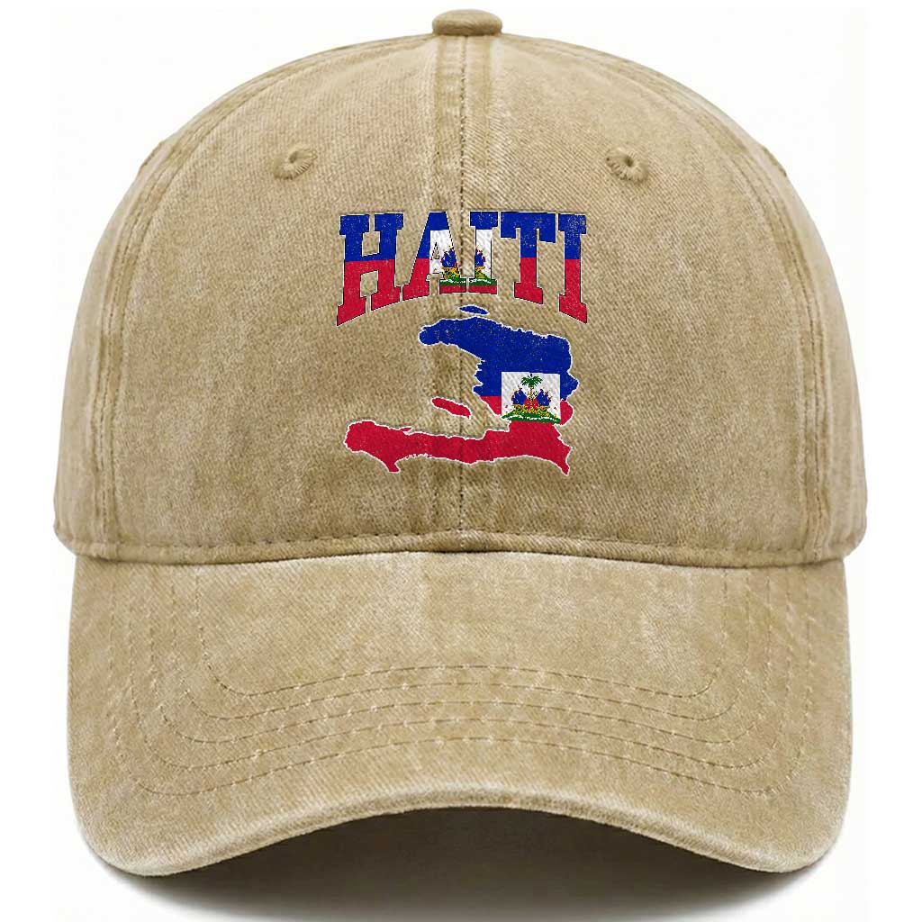 Haiti Pride Washed Cotton Baseball Cap Retro Vintage Haitian Flag Map Pride Graphic