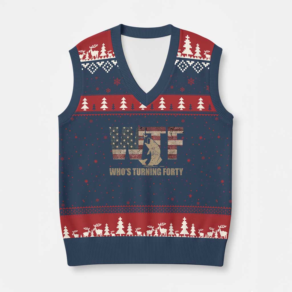 40th Birthday V-Neck Knit Sweater Vest Funny WTF Whos Turning Forty Vintage Fishing 40 Year Old Gift