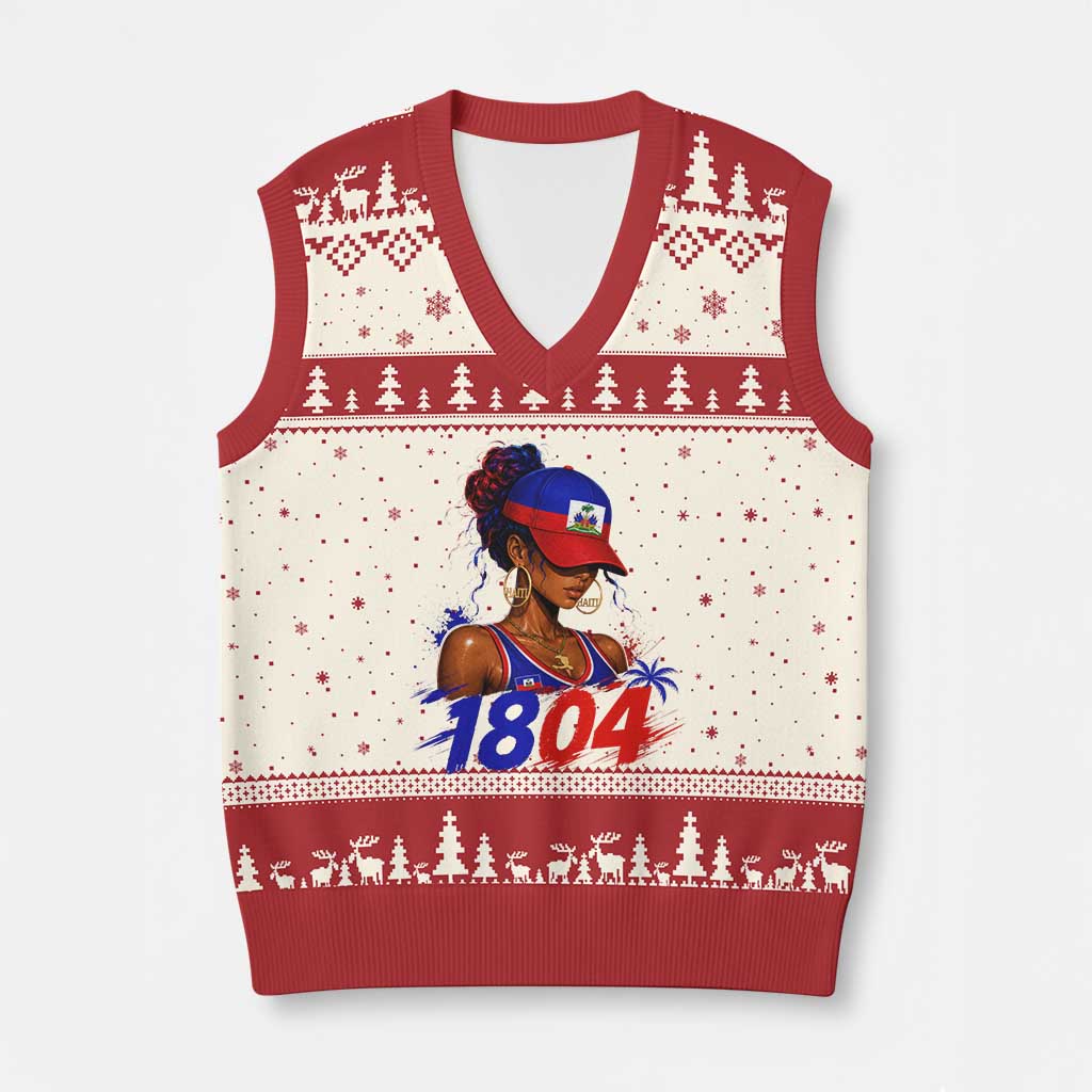 Haitian Revolution 1804 V-Neck Knit Sweater Vest Haiti Flag Independence Day Haitian Girl Graphic