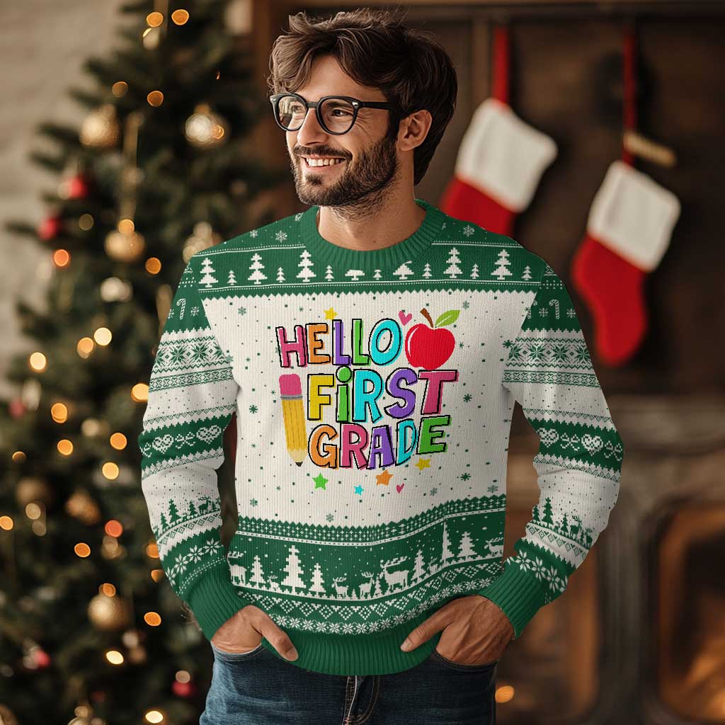 Hello First Grade Teacher Ugly Christmas Sweater Back To School 1st Grade Team - Wonder Print Shop