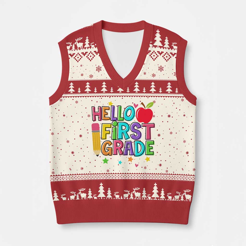 Hello First Grade Teacher V-Neck Knit Sweater Vest Back To School 1st Grade Team - Wonder Print Shop