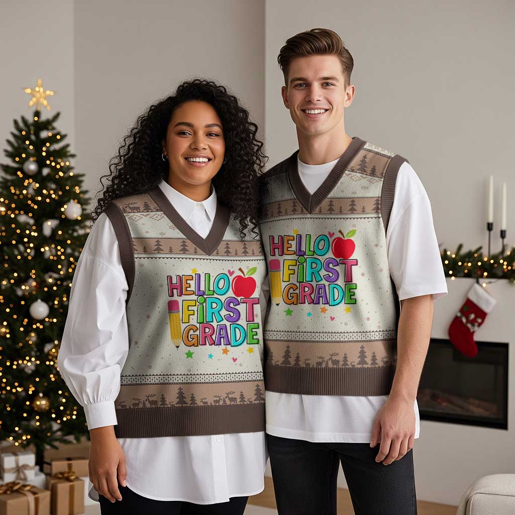 Hello First Grade Teacher V-Neck Knit Sweater Vest Back To School 1st Grade Team - Wonder Print Shop