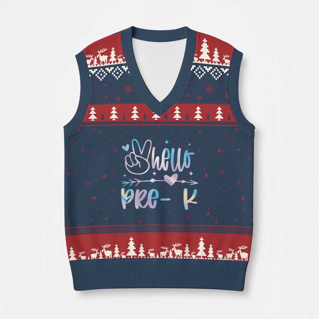 Hello Pre-k V-Neck Knit Sweater Vest Back To School Cute Tie Dye - Wonder Print Shop