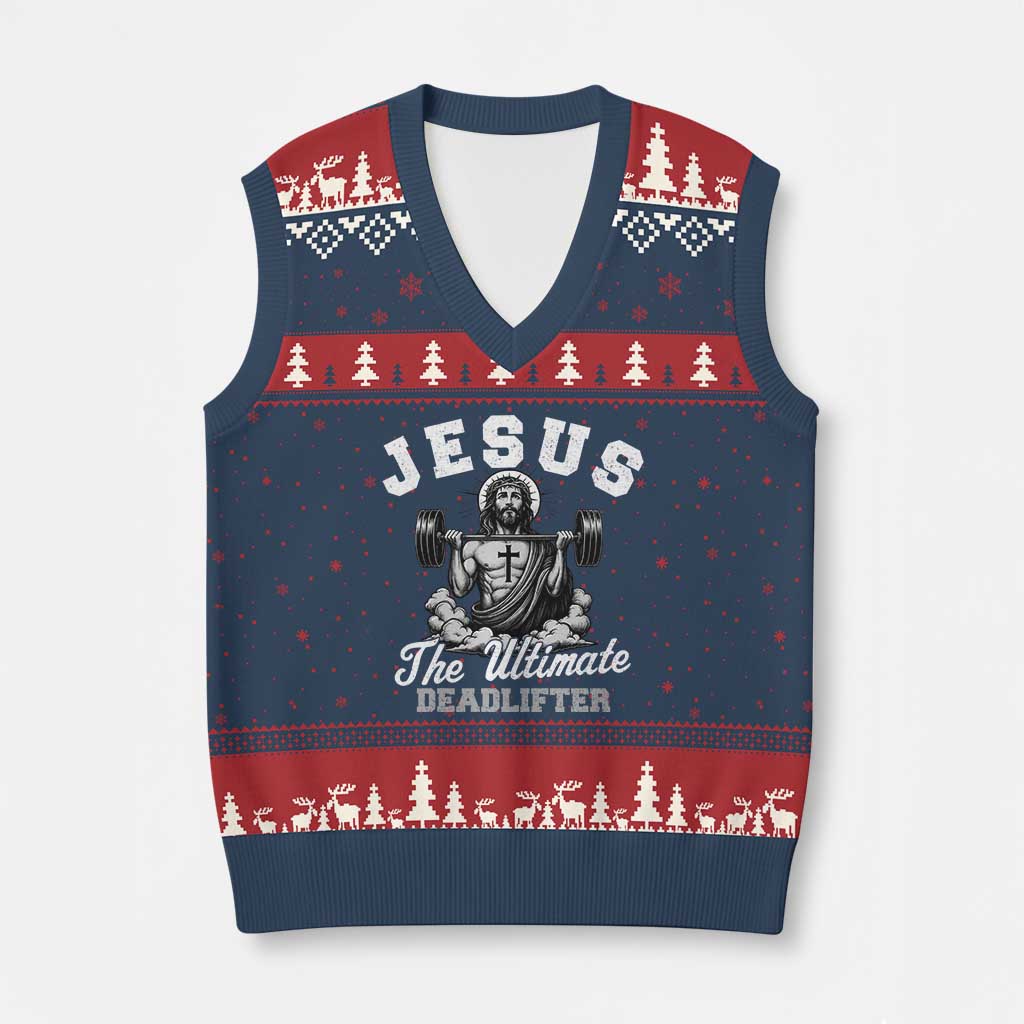 Jesus Deadlifting V-Neck Knit Sweater Vest The Ultimate Deadlifter Christian