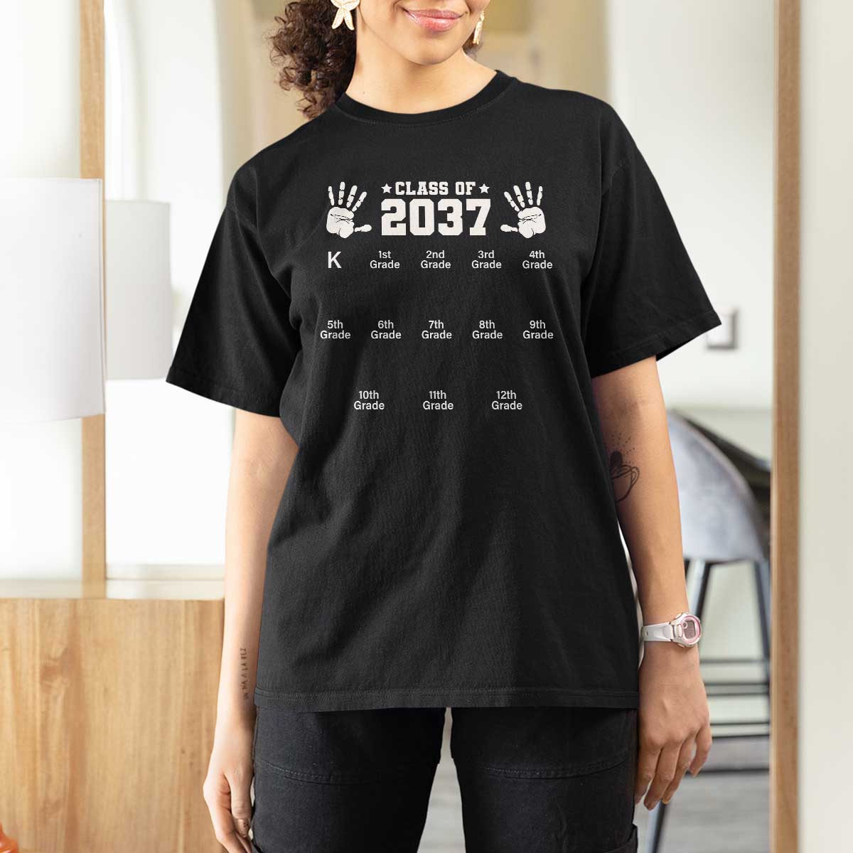 Class of 2037 Grow With Me T Shirt For Women Handprint K to 12th Grade Graduation - Wonder Print Shop