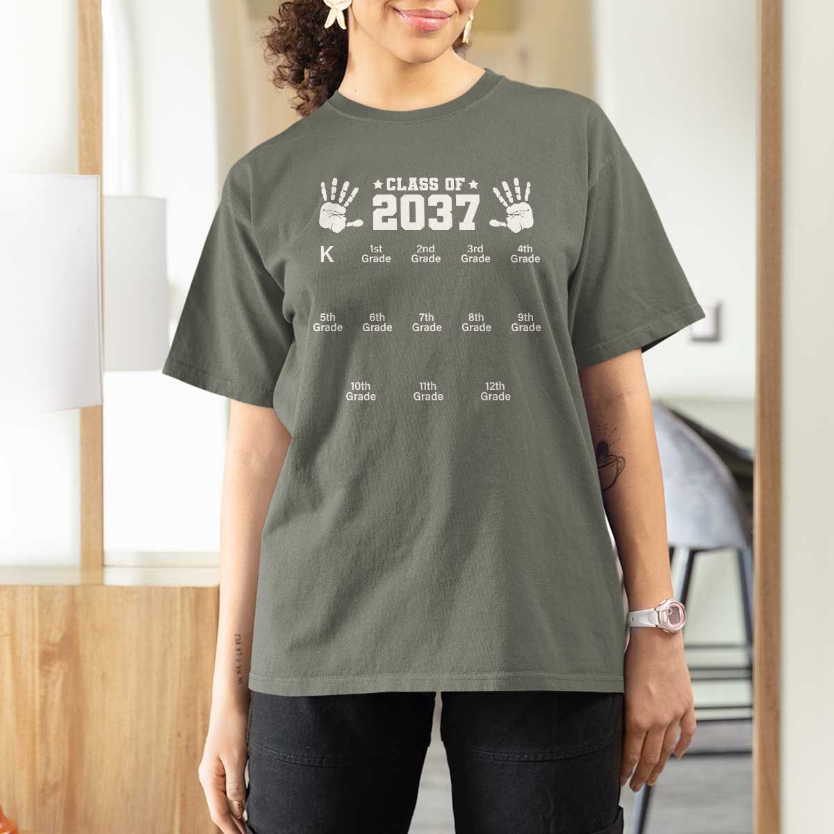 Class of 2037 Grow With Me T Shirt For Women Handprint K to 12th Grade Graduation - Wonder Print Shop