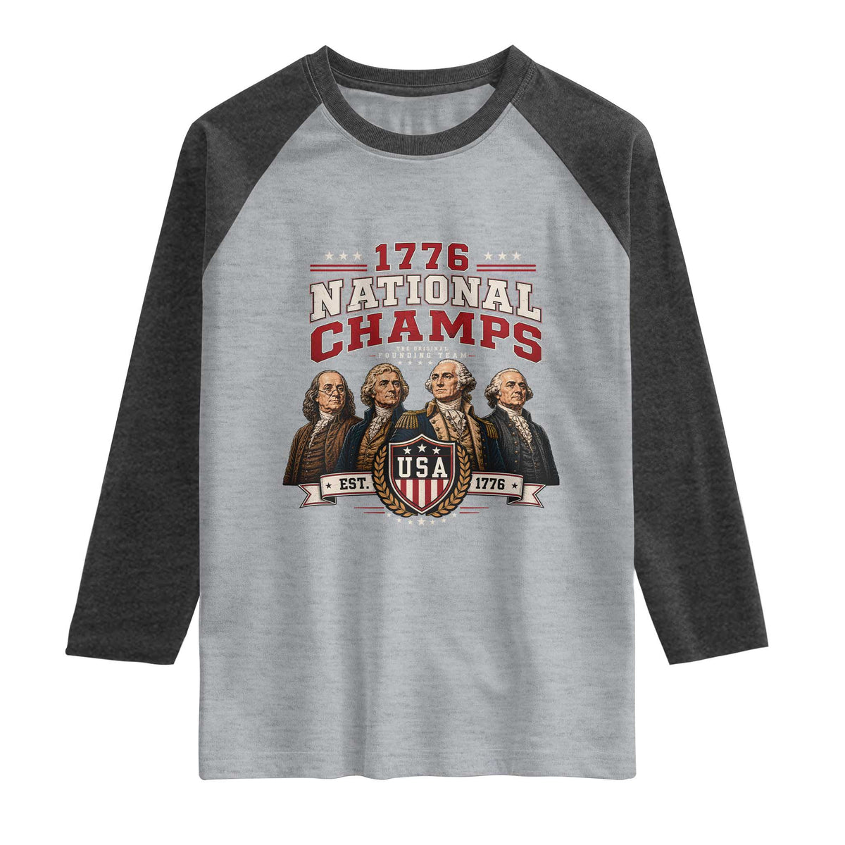Funny Founding Fathers USA 250th Anniversary Raglan Shirt 1776 Championship Parody American Flag Vintage Patriotic Humor