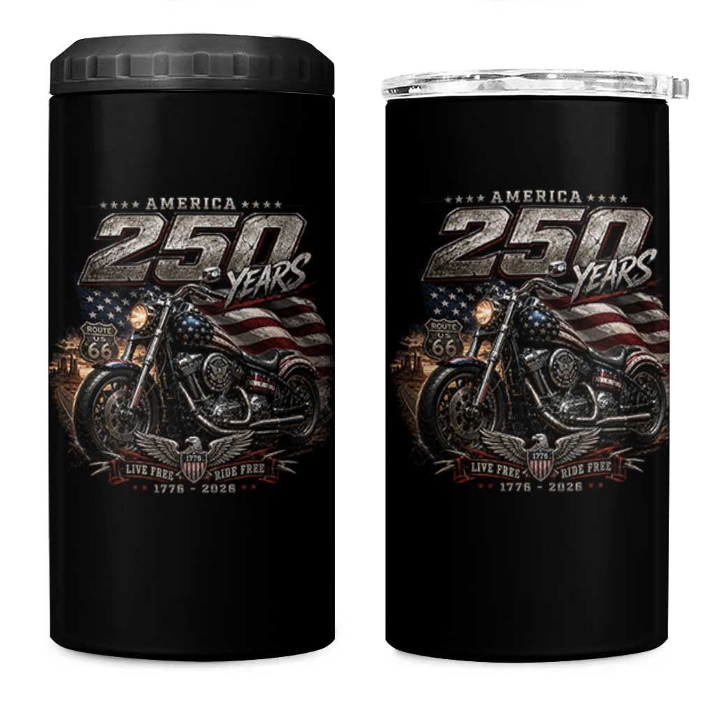 Retro Biker USA 250th Anniversary 4 in 1 Can Cooler Tumbler Vintage Motorcycle American Flag Route 66 Highway