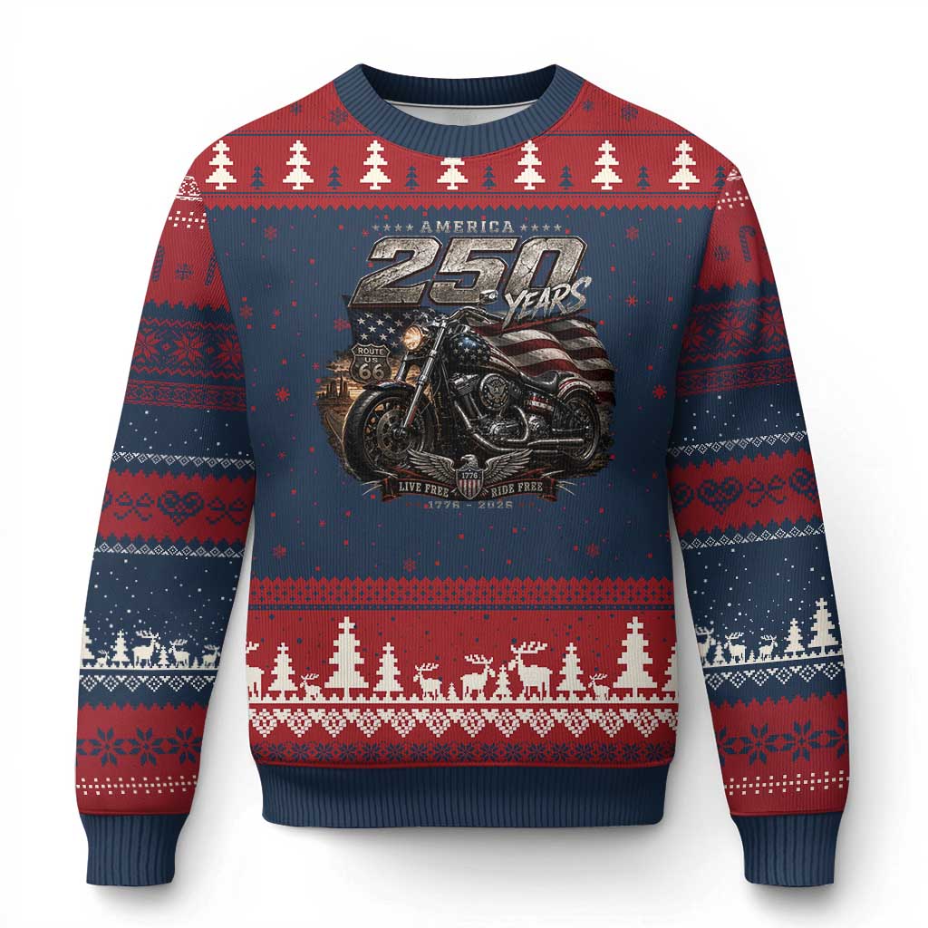 Retro Biker USA 250th Anniversary Ugly Christmas Sweater Vintage Motorcycle American Flag Route 66 Highway