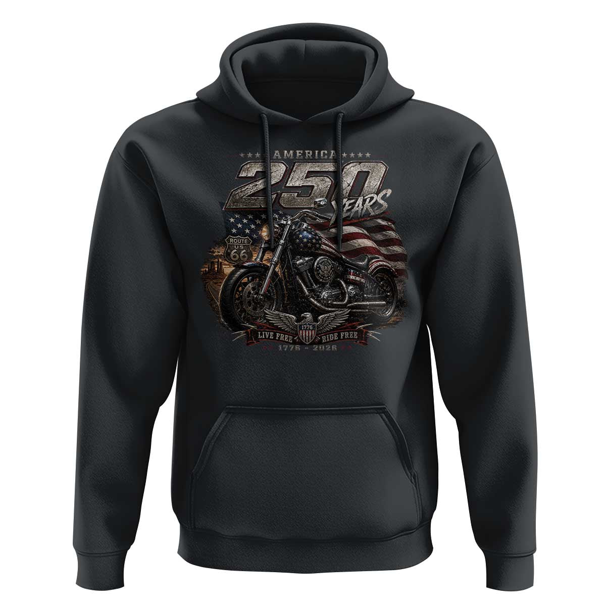 Retro Biker USA 250th Anniversary Hoodie Vintage Motorcycle American Flag Route 66 Highway