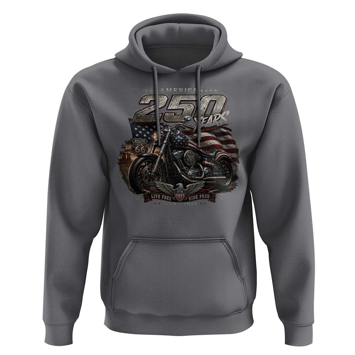 Retro Biker USA 250th Anniversary Hoodie Vintage Motorcycle American Flag Route 66 Highway