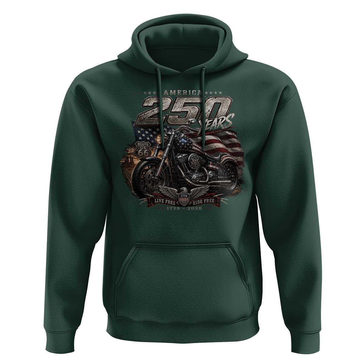Retro Biker USA 250th Anniversary Hoodie Vintage Motorcycle American Flag Route 66 Highway