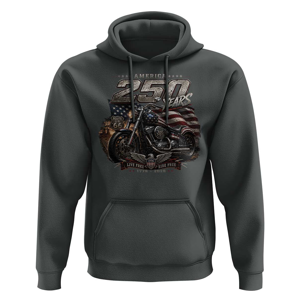 Retro Biker USA 250th Anniversary Hoodie Vintage Motorcycle American Flag Route 66 Highway