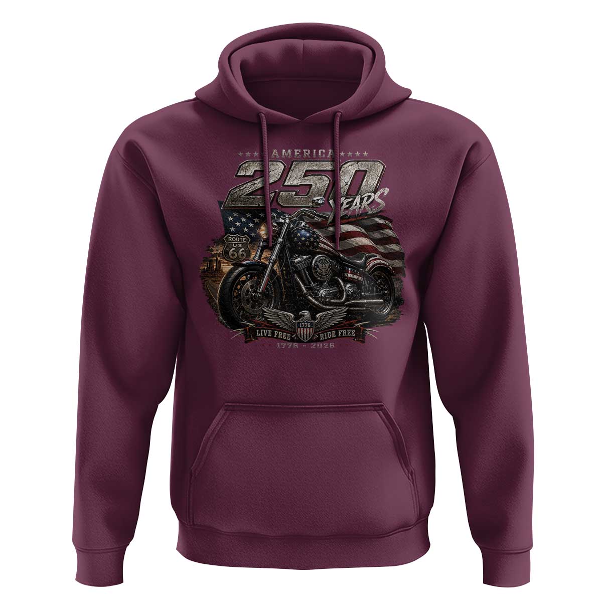 Retro Biker USA 250th Anniversary Hoodie Vintage Motorcycle American Flag Route 66 Highway