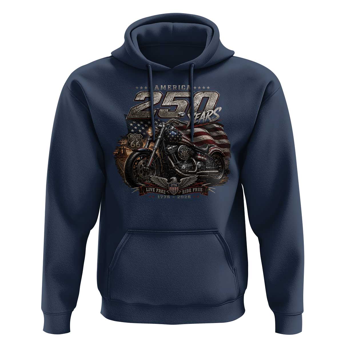 Retro Biker USA 250th Anniversary Hoodie Vintage Motorcycle American Flag Route 66 Highway