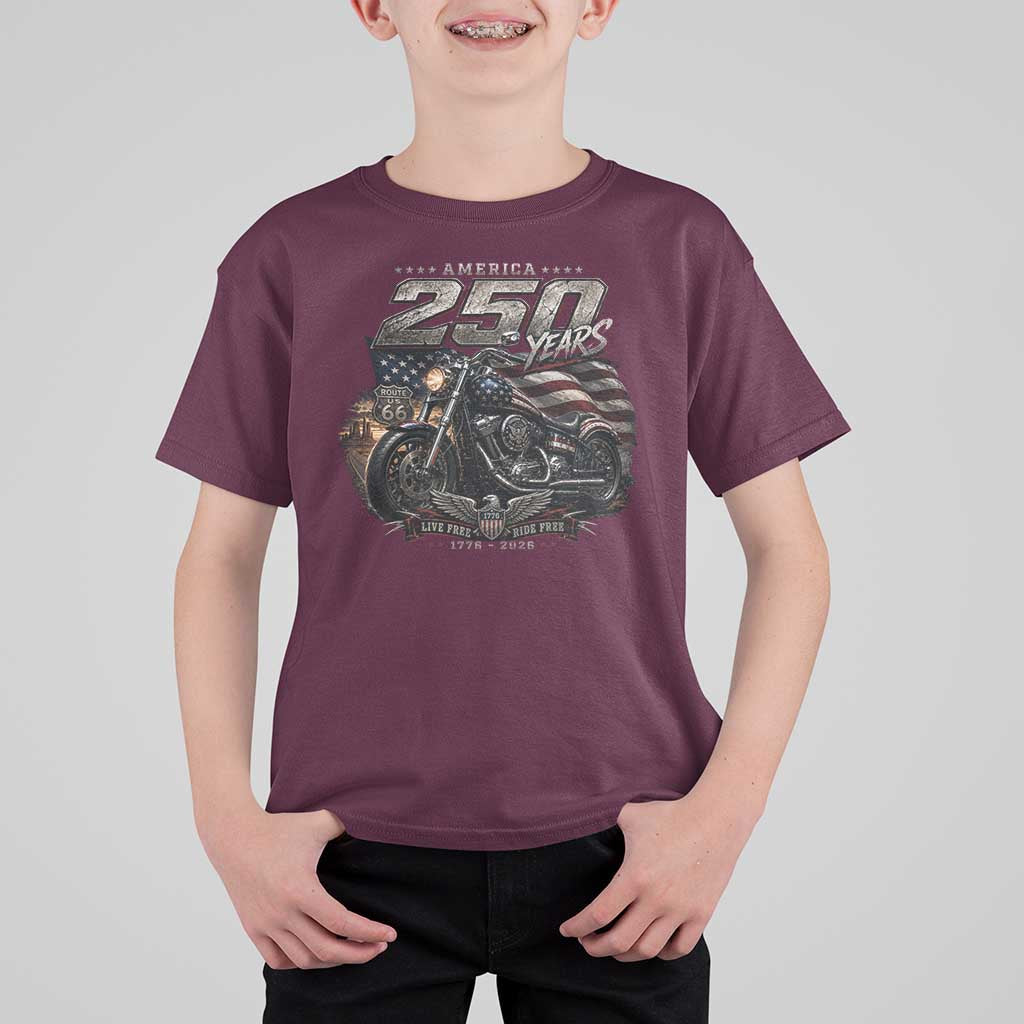 Retro Biker USA 250th Anniversary T Shirt For Kid Vintage Motorcycle American Flag Route 66 Highway