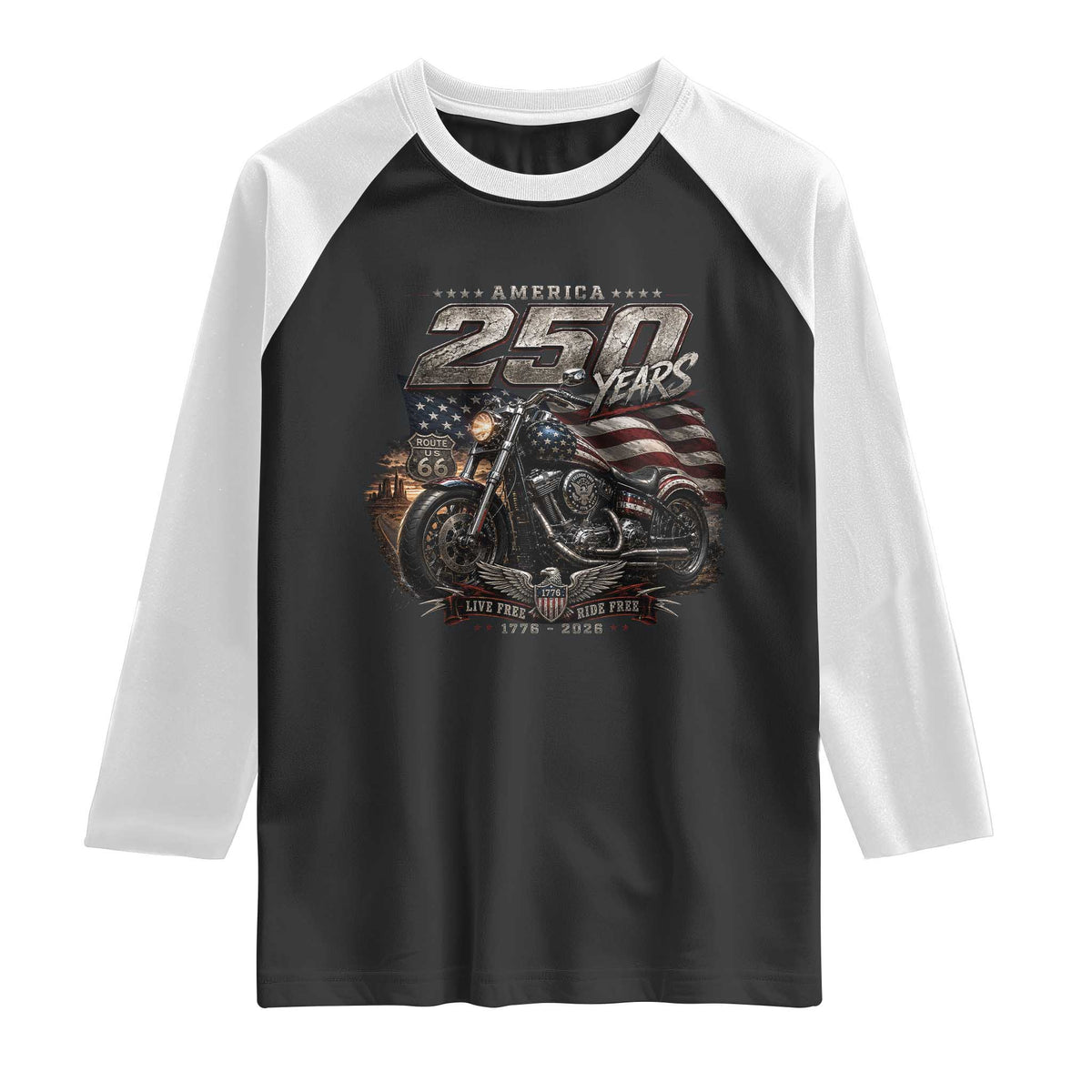 Retro Biker USA 250th Anniversary Raglan Shirt Vintage Motorcycle American Flag Route 66 Highway