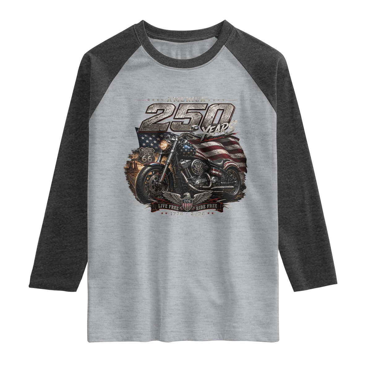 Retro Biker USA 250th Anniversary Raglan Shirt Vintage Motorcycle American Flag Route 66 Highway