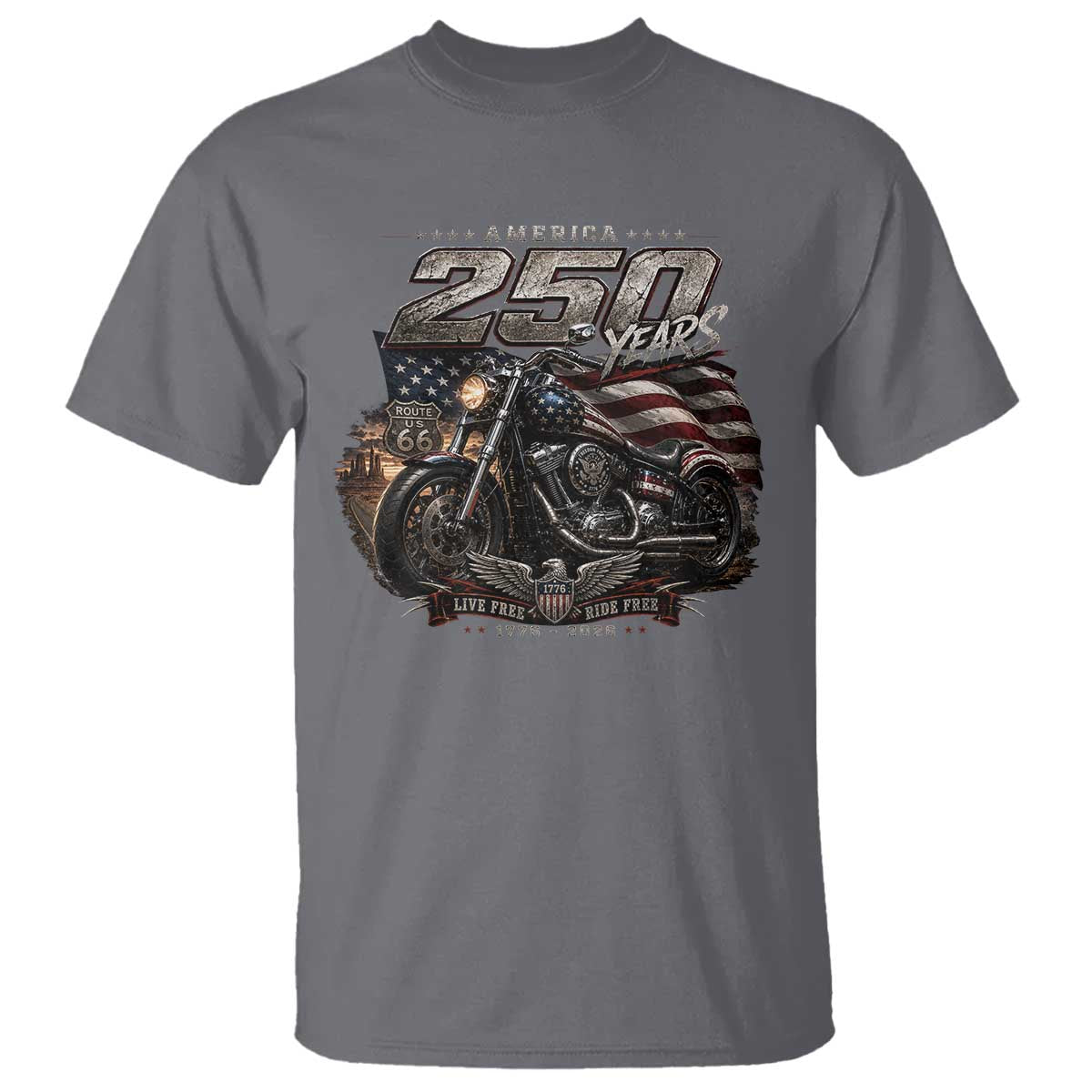 Retro Biker USA 250th Anniversary T Shirt Vintage Motorcycle American Flag Route 66 Highway