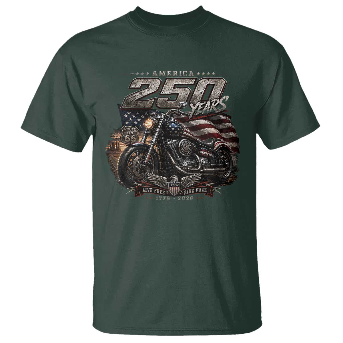 Retro Biker USA 250th Anniversary T Shirt Vintage Motorcycle American Flag Route 66 Highway