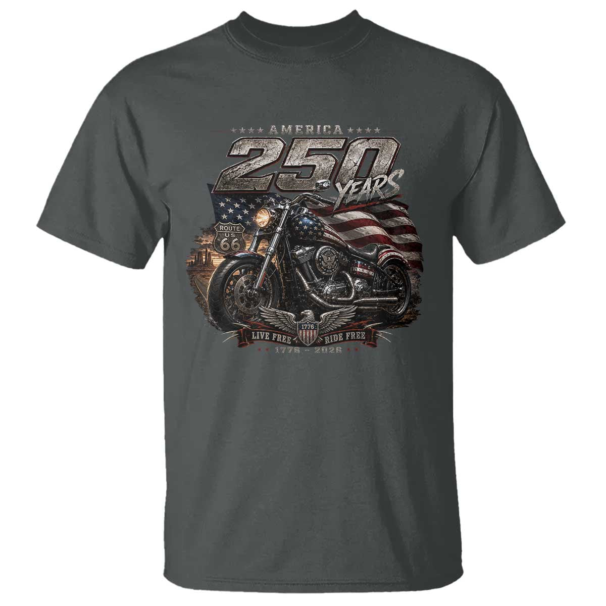 Retro Biker USA 250th Anniversary T Shirt Vintage Motorcycle American Flag Route 66 Highway