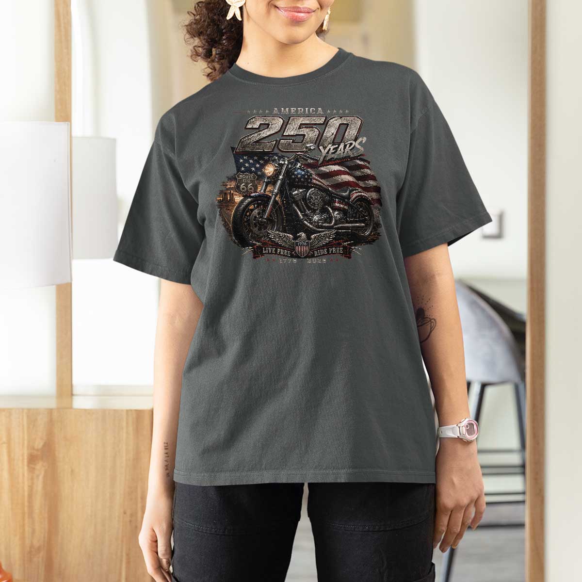 Retro Biker USA 250th Anniversary T Shirt For Women Vintage Motorcycle American Flag Route 66 Highway
