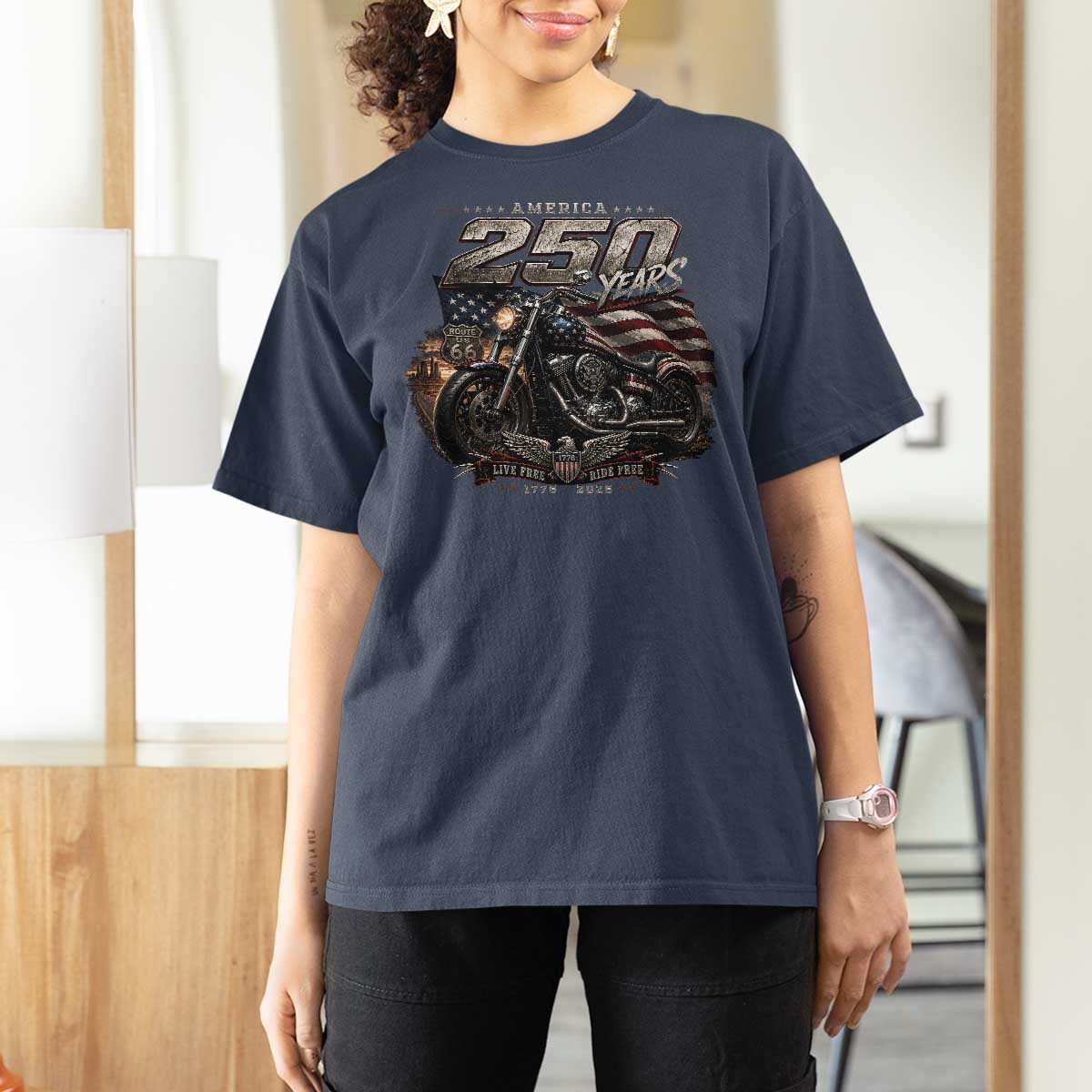 Retro Biker USA 250th Anniversary T Shirt For Women Vintage Motorcycle American Flag Route 66 Highway