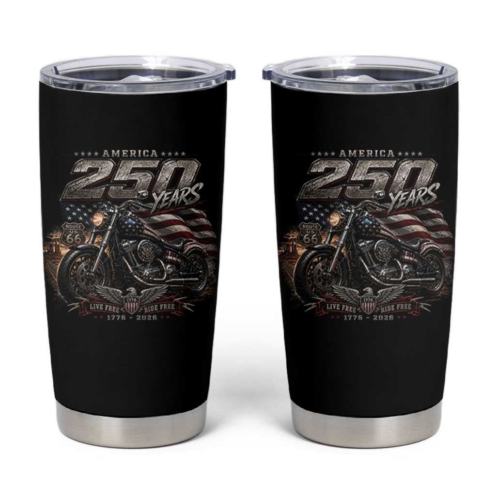 Retro Biker USA 250th Anniversary Tumbler Cup Vintage Motorcycle American Flag Route 66 Highway