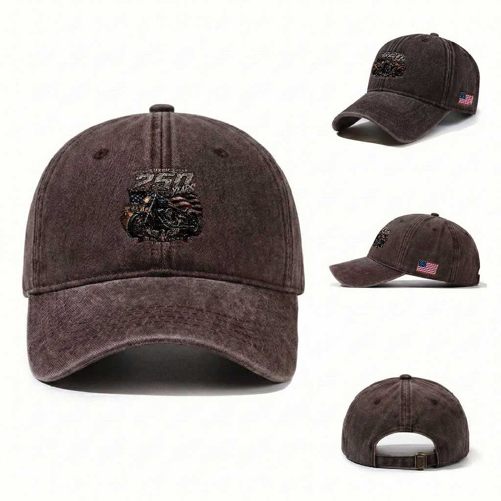Retro Biker USA 250th Anniversary Washed Cotton Baseball Cap Vintage Motorcycle American Flag Route 66 Highway