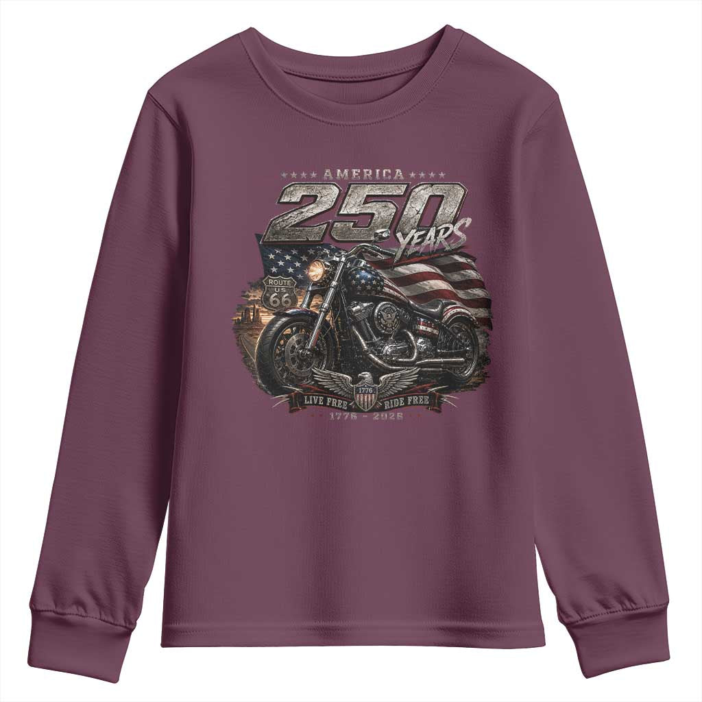 Retro Biker USA 250th Anniversary Youth Sweatshirt Vintage Motorcycle American Flag Route 66 Highway