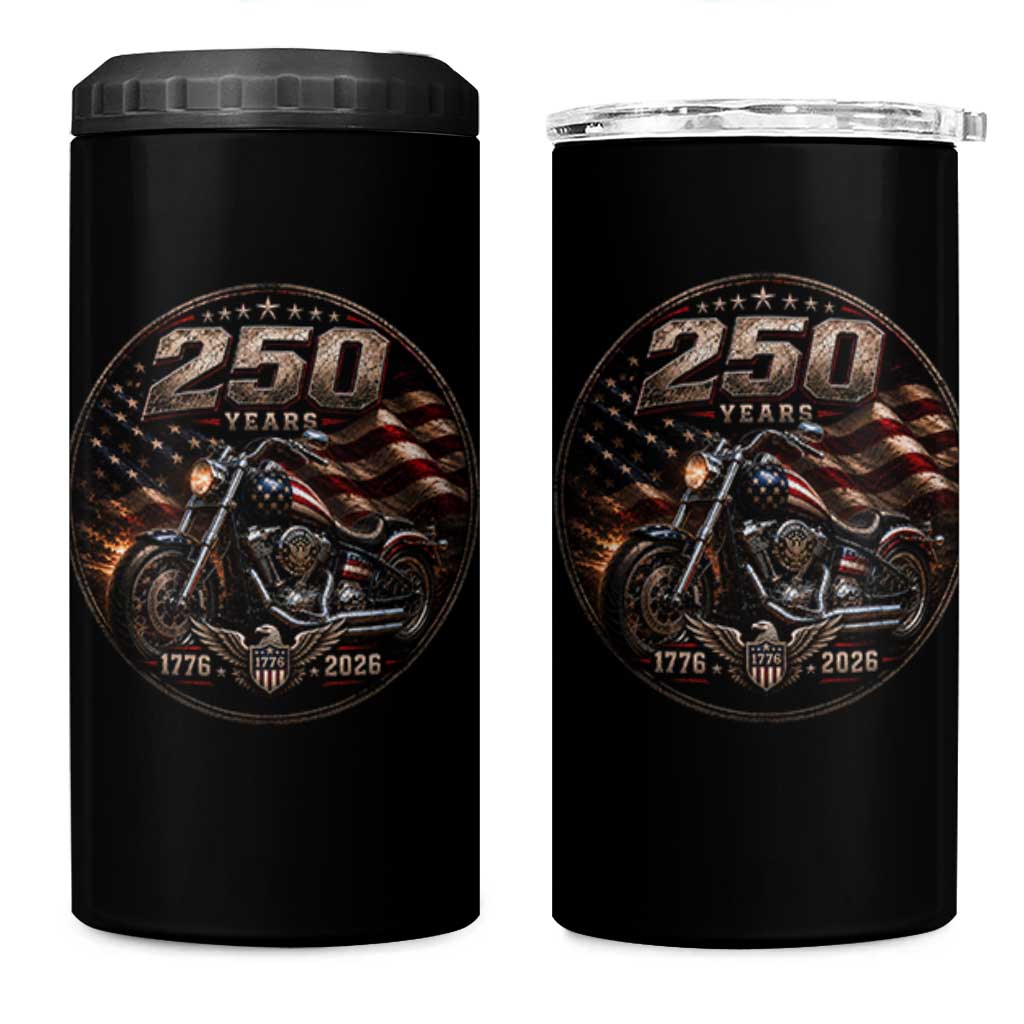 Retro Biker USA 250th Anniversary 4 in 1 Can Cooler Tumbler Vintage 250 Years 1776 2026 Patriotic Motorcycle American Flag