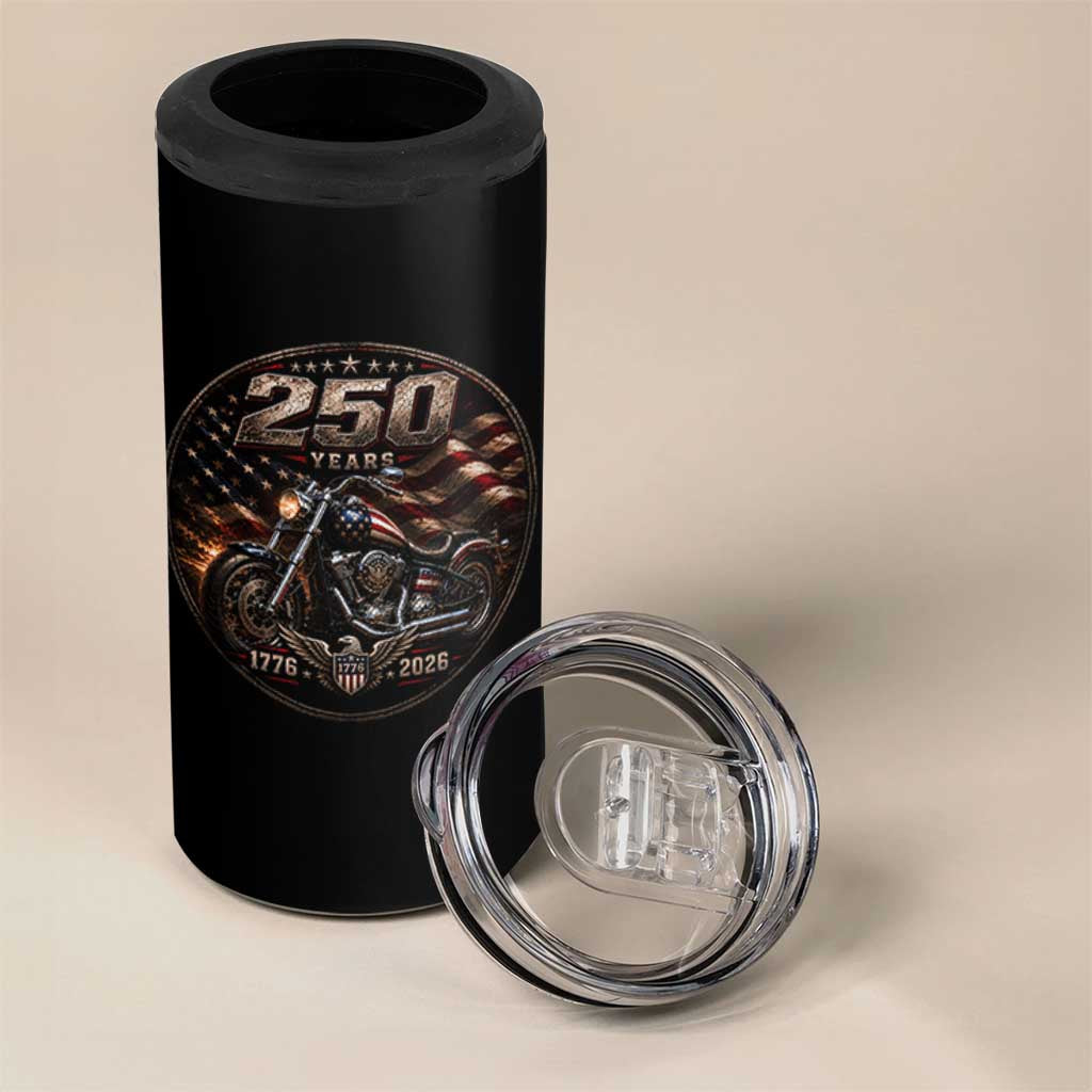Retro Biker USA 250th Anniversary 4 in 1 Can Cooler Tumbler Vintage 250 Years 1776 2026 Patriotic Motorcycle American Flag