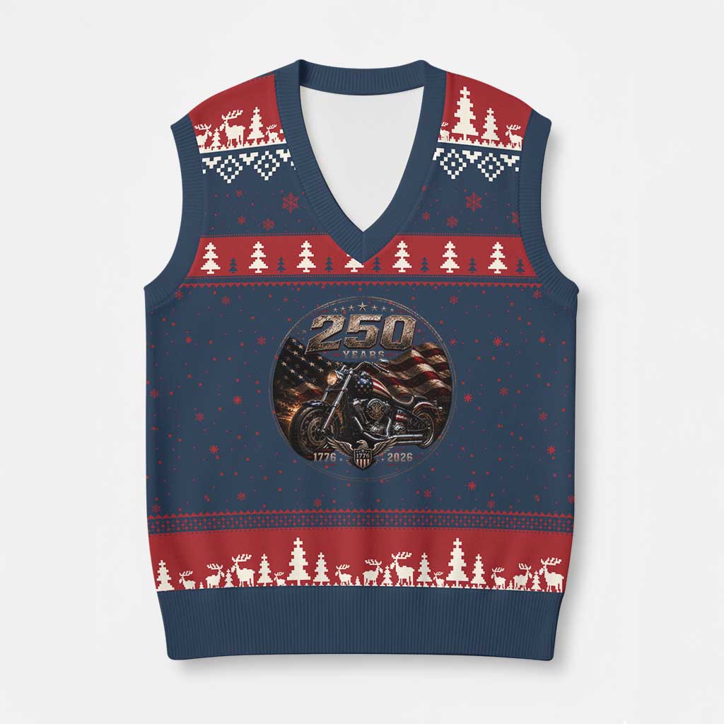 Retro Biker USA 250th Anniversary V-Neck Knit Sweater Vest Vintage 250 Years 1776 2026 Patriotic Motorcycle American Flag