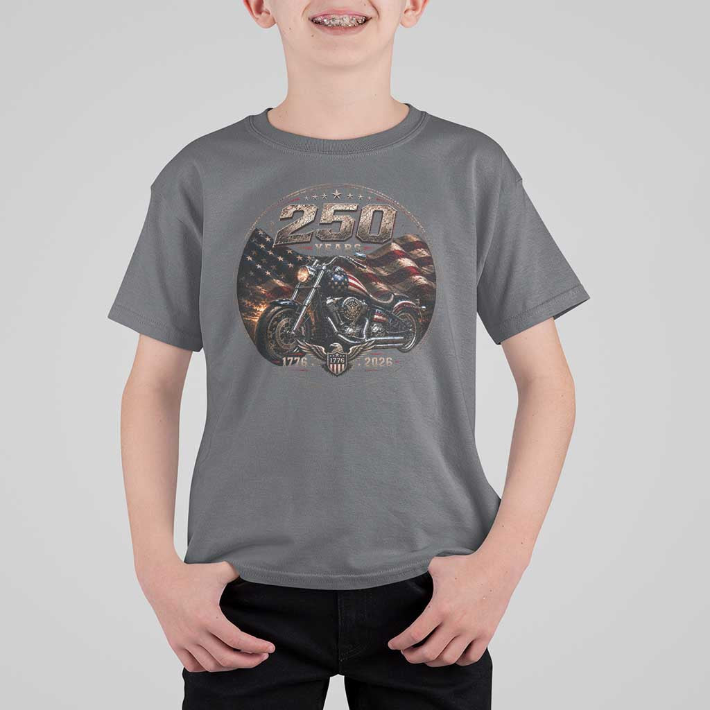 Retro Biker USA 250th Anniversary T Shirt For Kid Vintage 250 Years 1776 2026 Patriotic Motorcycle American Flag