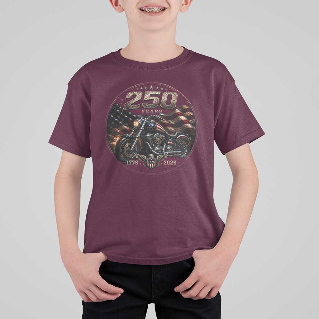Retro Biker USA 250th Anniversary T Shirt For Kid Vintage 250 Years 1776 2026 Patriotic Motorcycle American Flag