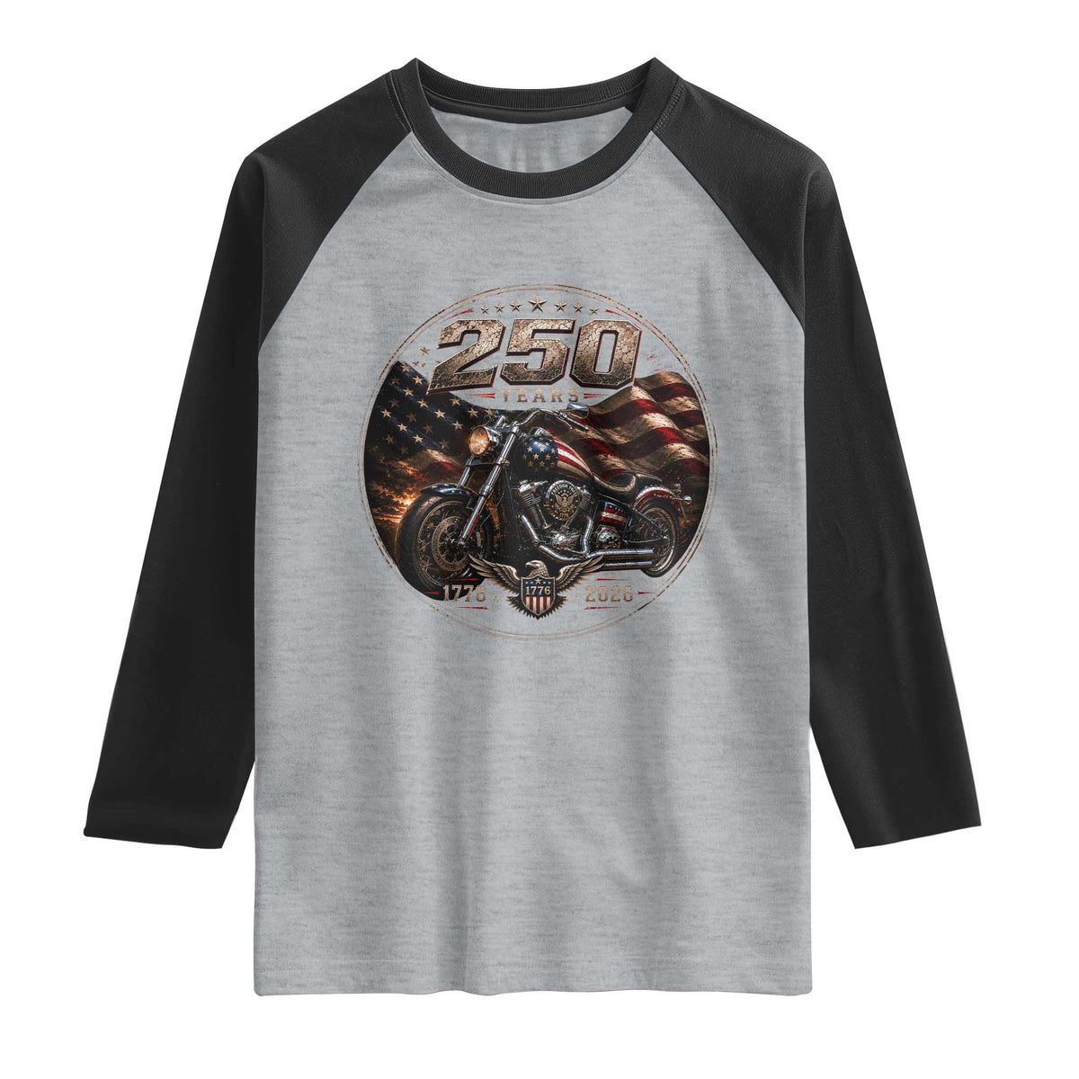 Retro Biker USA 250th Anniversary Raglan Shirt Vintage 250 Years 1776 2026 Patriotic Motorcycle American Flag