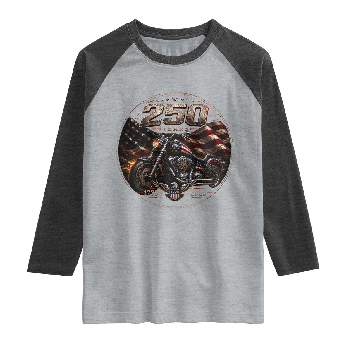 Retro Biker USA 250th Anniversary Raglan Shirt Vintage 250 Years 1776 2026 Patriotic Motorcycle American Flag