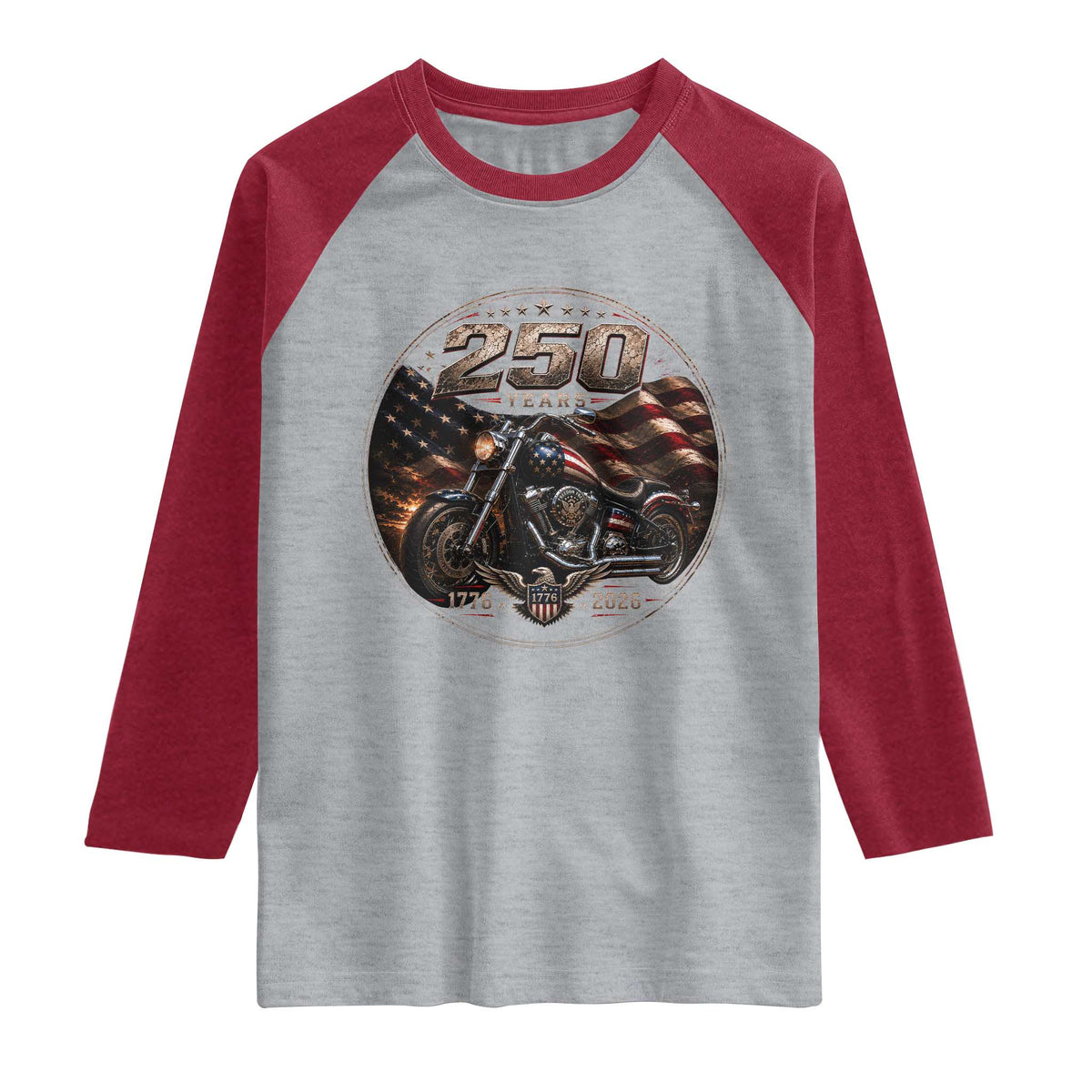 Retro Biker USA 250th Anniversary Raglan Shirt Vintage 250 Years 1776 2026 Patriotic Motorcycle American Flag