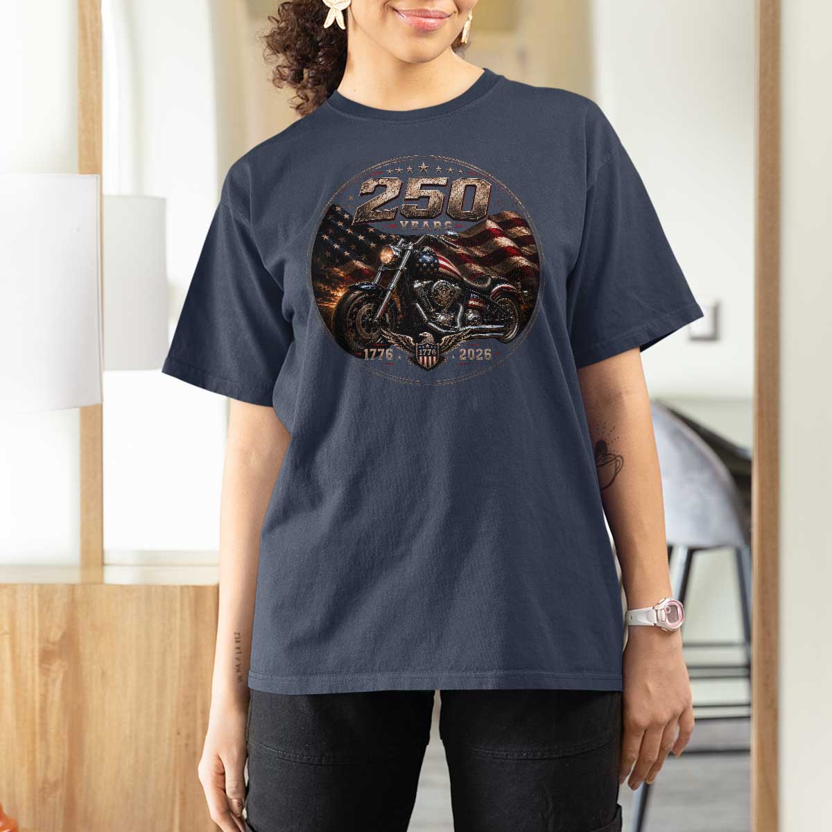 Retro Biker USA 250th Anniversary T Shirt For Women Vintage 250 Years 1776 2026 Patriotic Motorcycle American Flag