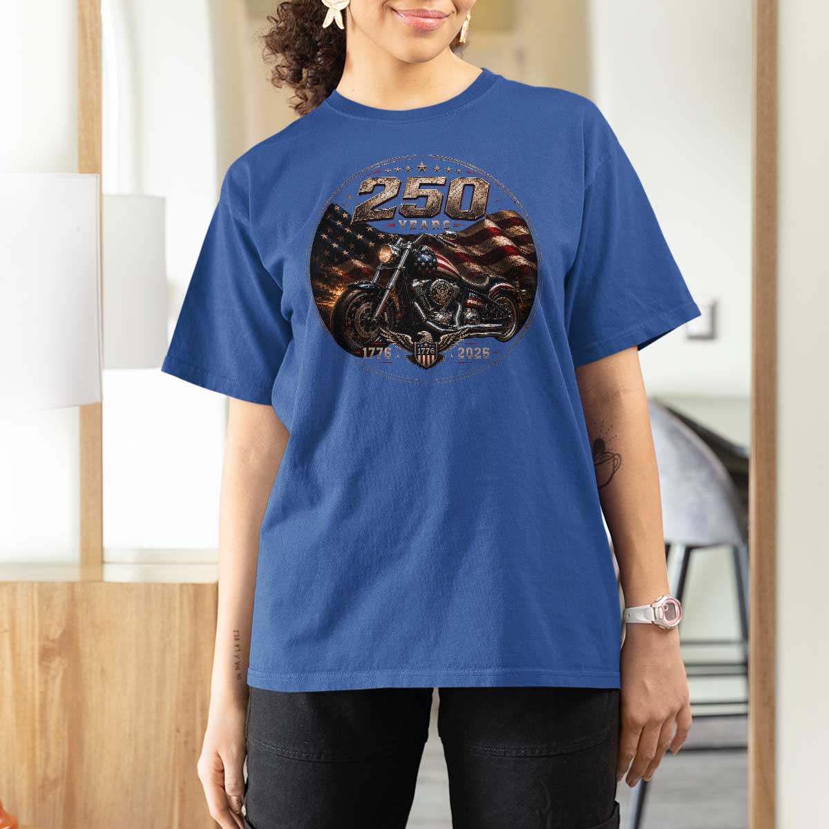 Retro Biker USA 250th Anniversary T Shirt For Women Vintage 250 Years 1776 2026 Patriotic Motorcycle American Flag